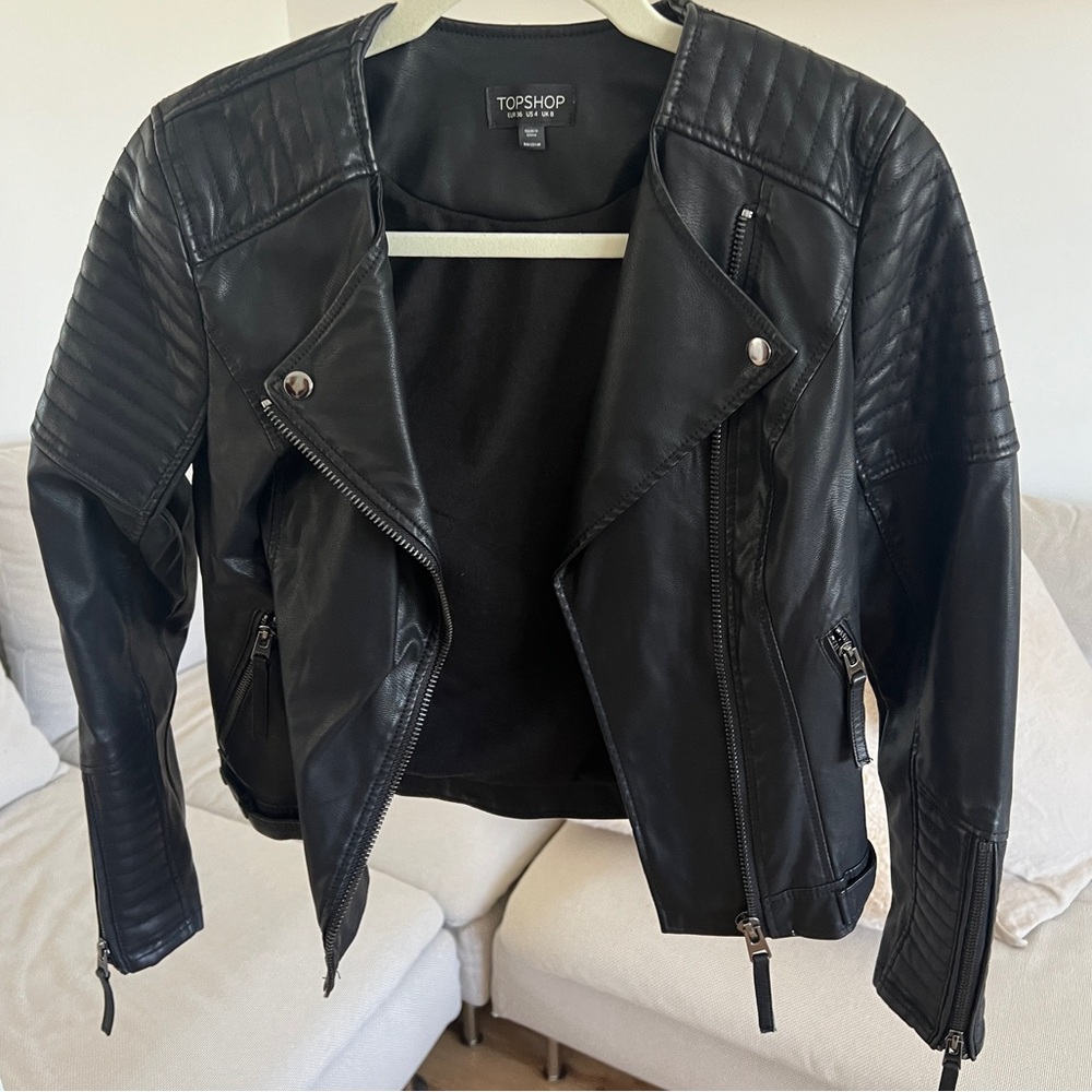 TOP SHOP BARELY WORN FAUX LEATHER COAT